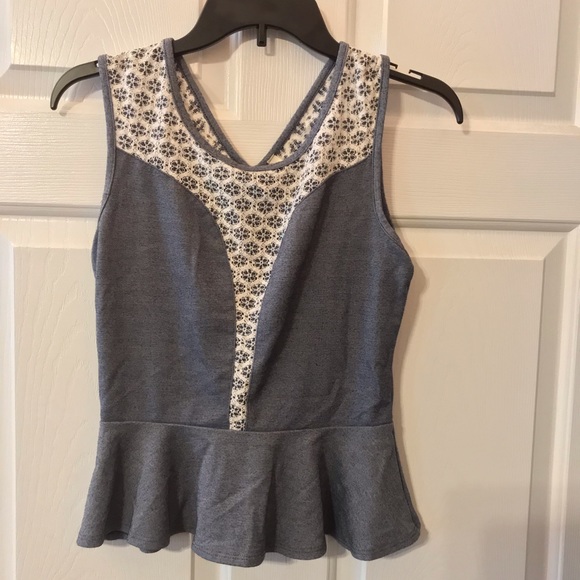 Paper Crane Tops - Paper Crane Chambray Lace Peplum Sleeveless Top